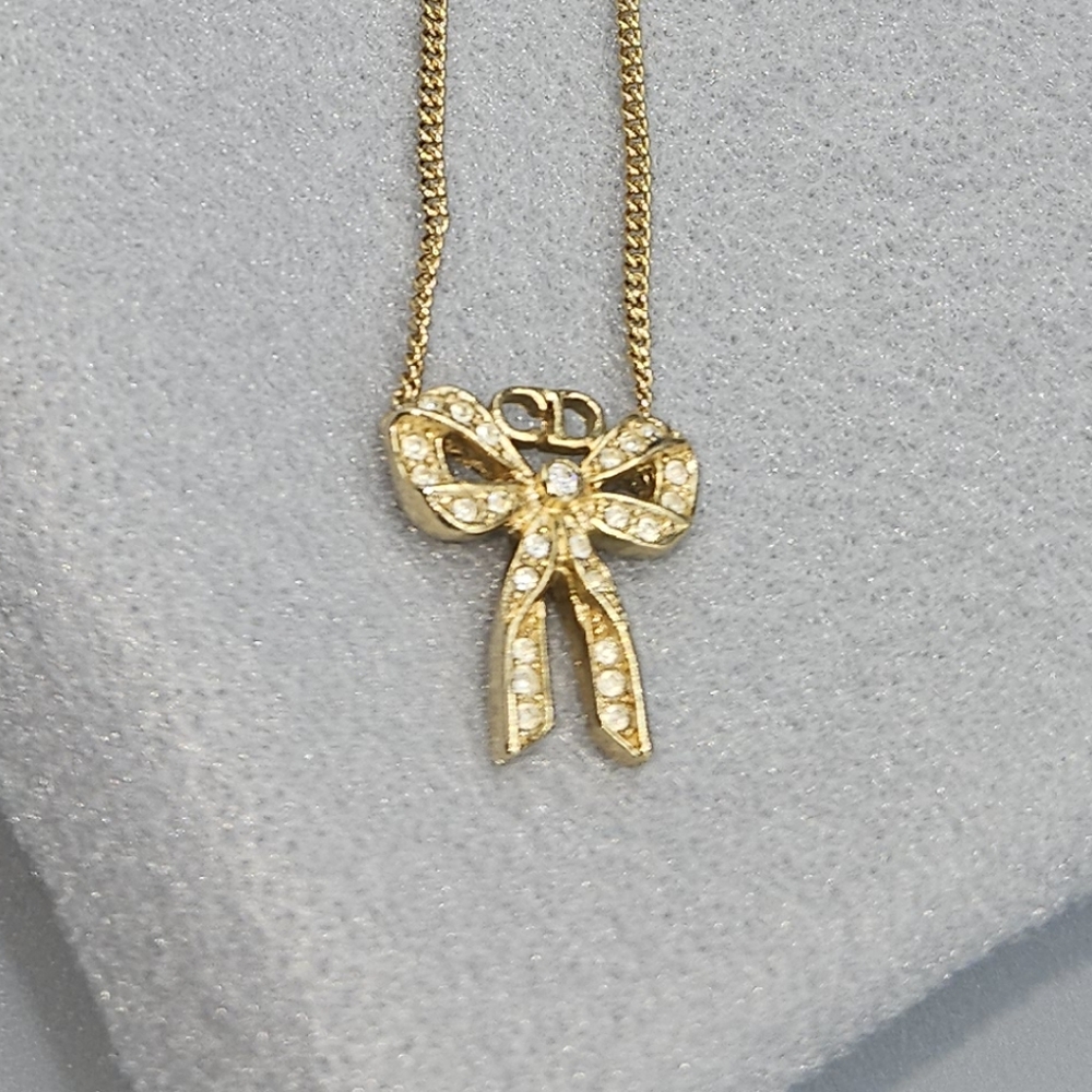 Dior Gold Tone Ribbon Necklace With Crystal Detail - Vintage Alert!!